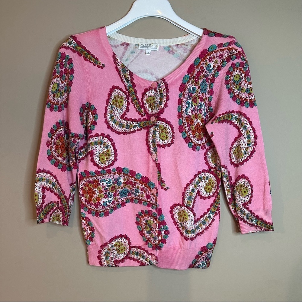 Women M Pink Paisley Cardigan Sweater Cottagecore Barbiecore Fairy 3/4 Sleeve